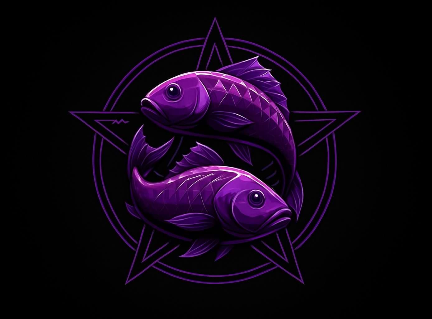 Purple Pisces zodiac fish swimming in a circular formation with a glowing pentagram on black background